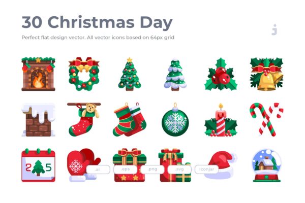 30枚扁平设计风格圣诞节主题矢量图标 30 Christmas Day Icons – Flat