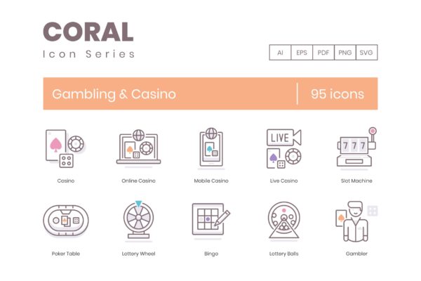 珊瑚系列-95枚游戏娱乐主题矢量图标 95 Gambling & Casino Icons | Coral Series