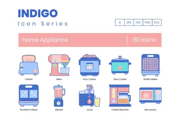 靛蓝系列-80枚家电主题矢量图标 80 Home Appliance Icons | Indigo Series