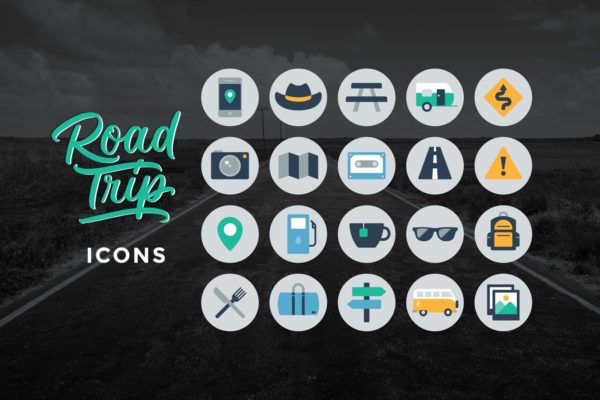 公路旅行主题圆形矢量图标 Road Trip Icons