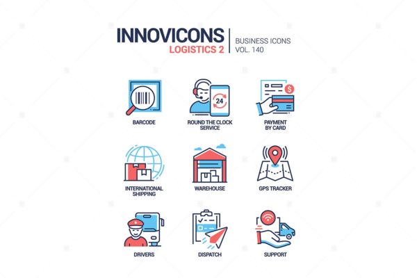 物流运输彩色线条设计风格图标集 Logistics – colorful line design style icons set