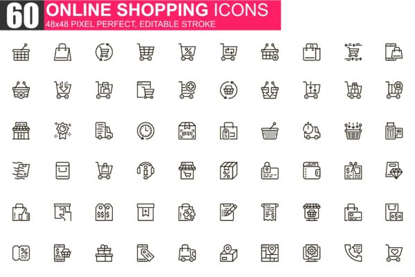 网上购物主题细线图标素材包 Online Shopping Thin Line Icons Pack