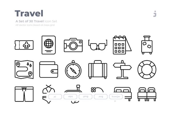 30枚旅行旅游主题Outline风格矢量图标 30 Travel Icons – Outliner
