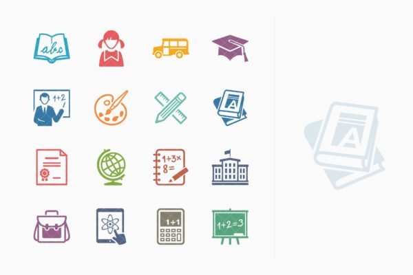 彩色系列-教育主题矢量图标集v1 Education Icons Set 1 – Colored Series