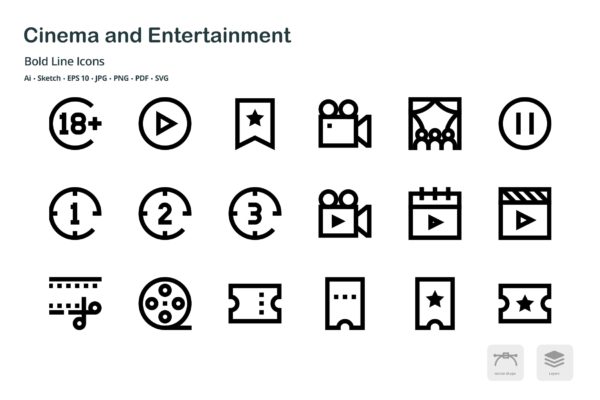电影娱乐主题粗线条矢量线性图标 Cinema and Entertainment Bold Line Vector Icons