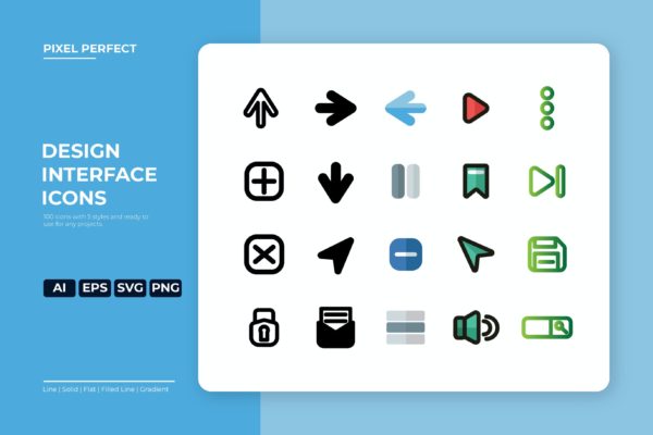 UI界面设计矢量图标-5种风格 Interface Icon – 5 styles