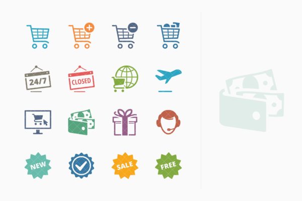 彩色系列-电子商务主题矢量图标v2 E-commerce Icons Set 2 – Colored Series