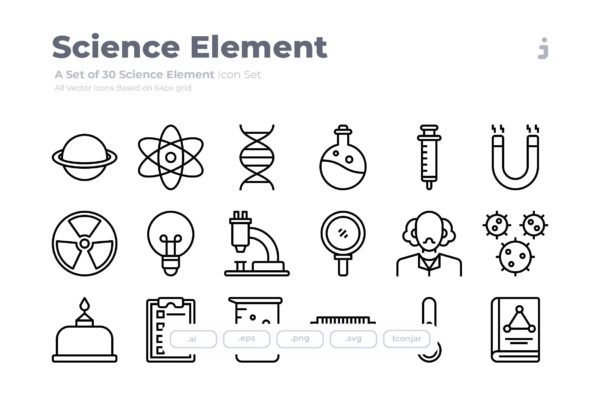 30枚科学元素Outline风格矢量图标 30 Science Element Icons – Outliner