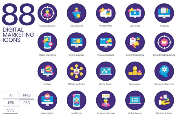 兰花系列-88枚数字营销主题矢量图标 88 Digital Marketing Icons | Orchid Series