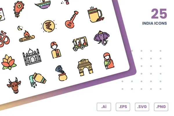 25枚印度主题矢量图标素材 India Icons Set