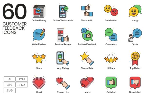 Vivid系列-60枚客户反馈主题矢量图标 60 Customer Feedback Icons | Vivid Series
