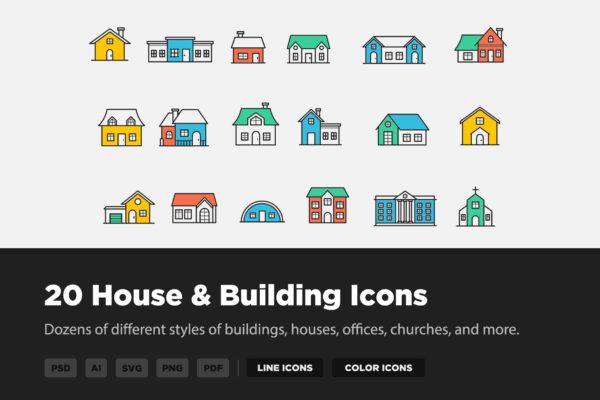 20枚房子&建筑主题矢量线性图标 20 House & Building Icons