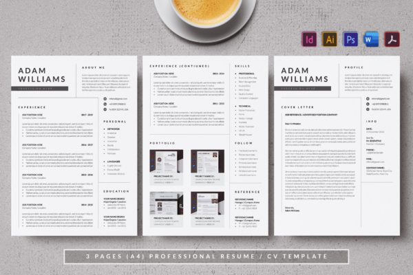三页排版设计个人应聘简历模板 Minimal & Simple Resume/CV AN