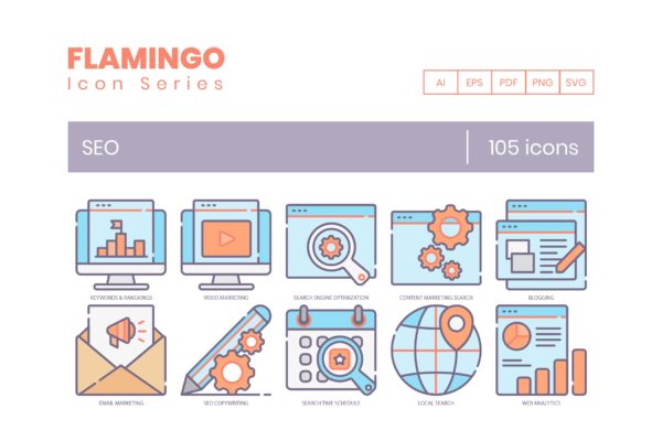 Flamingo系列-105枚搜索引擎优化SEO主题矢量图标 105 SEO Icons | Flamingo Series