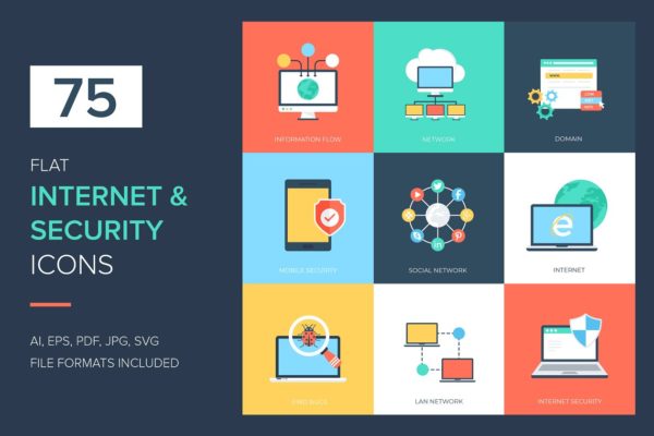 75个扁平化互联网技术安全平面图标 75 Internet and Security Flat Icons
