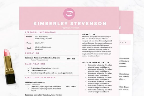 美容化妆行业简历&介绍信模板 Crisp Pink Resume, Cover Letter Pkg.