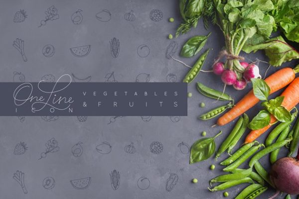 手绘钢笔线条风格水果蔬菜图标 One Line Vegetables & Fruit