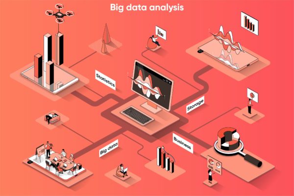 大数据分析3D等距场景Web插画矢量素材 Big Data Analysis 3D Isometric Web Banner