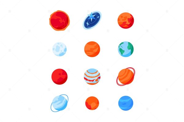 太阳系行星-现代等距图标集 Solar System Planets – modern isometric icon set