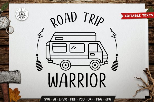 公路旅行线性标签徽章设计模板 Road Trip Warrior. Camp Badge Design. Linear Label