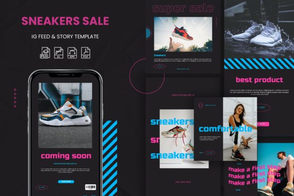 运动鞋促销Instagram信息流贴图&故事设计模板 Super Sale Sneakers – Instagram Feeds & Story Pack