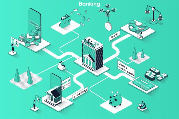 银行服务3D等距场景Web插画矢量素材 Banking Services 3D Isometric Web Banner