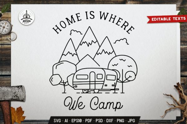 野营线条艺术徽章设计旅行标签矢量模板 Camp Line Art Badge Design. Travel Label Vector