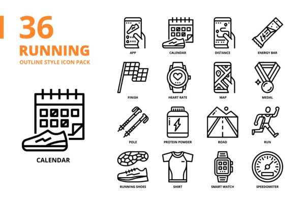 跑步主题轮廓样式图标集 Running Outline Style Icon Set