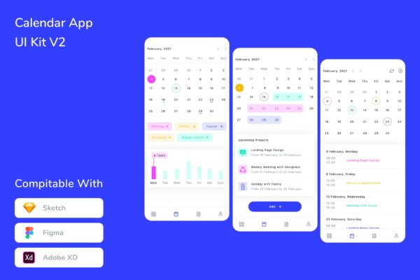 日历App应用程序UI套件V2 Calendar App UI Kit V2