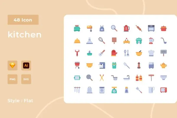 厨房用具扁平化图标素材包 Kitchen Flat Style Icon Pack