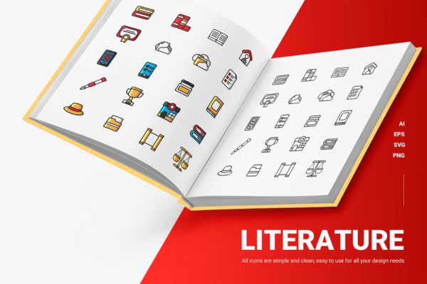 文学彩色&线条图标矢量素材 Literature – Icons