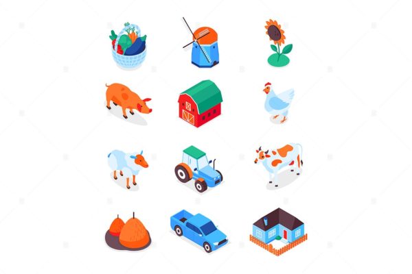 农业和农村主题现代等距图标 Farming and Agriculture – Modern Isometric Icons