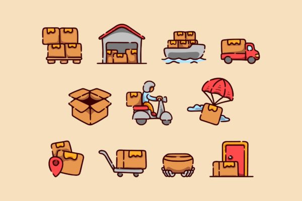 交货和运输主题卡通图标 Delivery And Shipping Icons