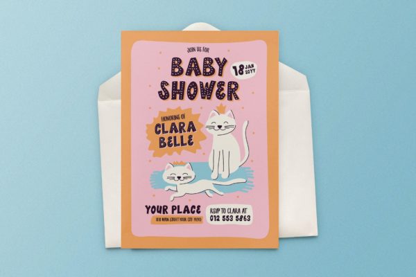 猫咪主题婴儿送礼会请柬宣传单设计 Baby Shower Invitation Cat Theme