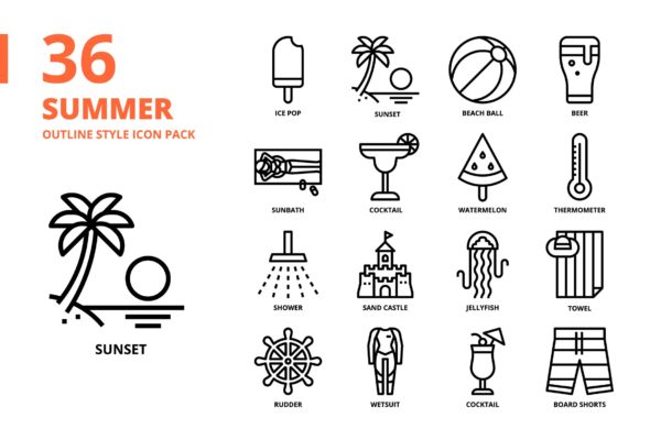 夏天主题轮廓样式图标集 Summer Outline Style Icon Set