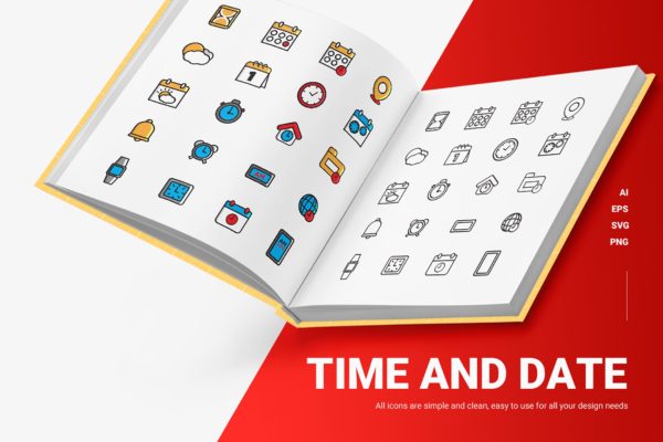 时间和日期主题彩色&线条图标矢量素材 Time & Date – Icons
