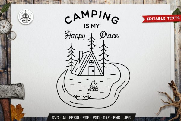 夏季线条艺术图形露营徽章设计模板 Summer Line Art Graphics. Camping Badge Design