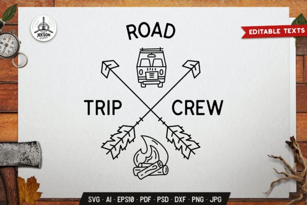 公路旅行线条艺术标签徽章设计模板 Road Trip Crew Badge Design. Line Art Label