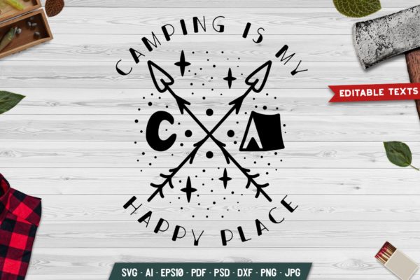 交叉箭头露营徽章设计模板 Camping Is My Happy Place Badge Template