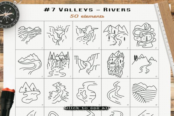 山谷河流线条艺术图形符号图标包 Valleys Rivers Icons Set Line Art Graphics Symbols