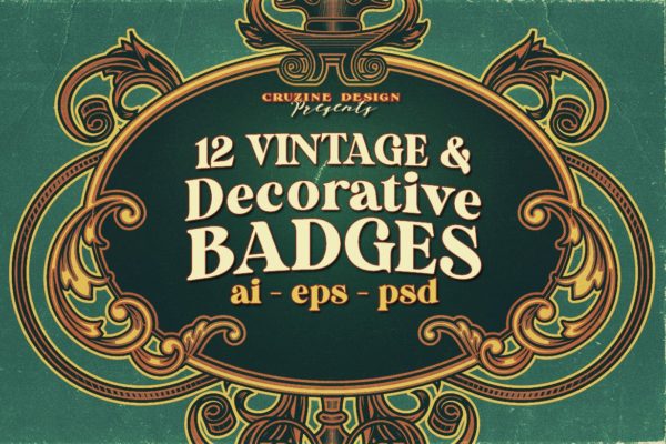 12个复古装饰框架徽章设计模板 12 Decorative Vintage Frames Badges
