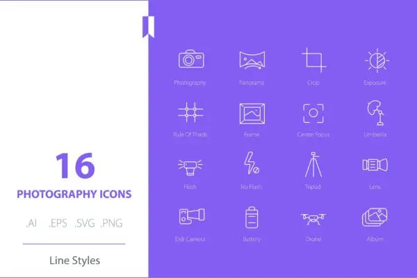 摄影主题线条样式矢量图标合集 Photography Icon Set Line Styles