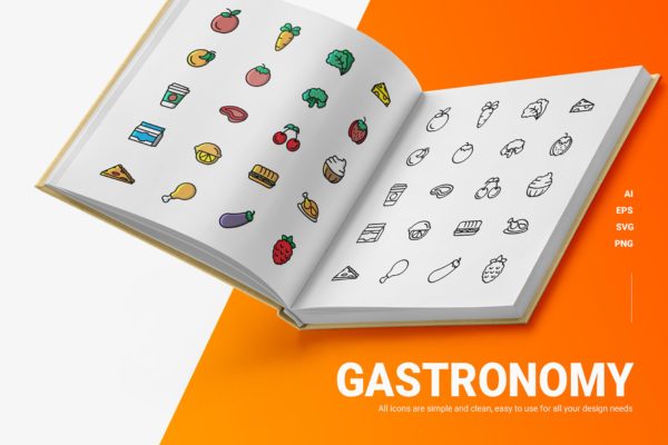 美食彩色&线条图标矢量素材 Gastronomy – Icons