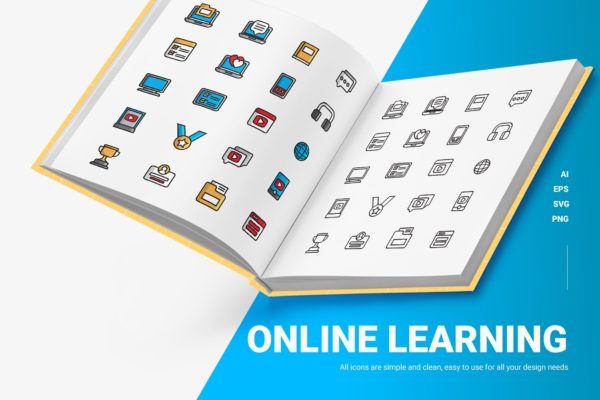 在线学习彩色&线条图标矢量素材 Online learning – Icons