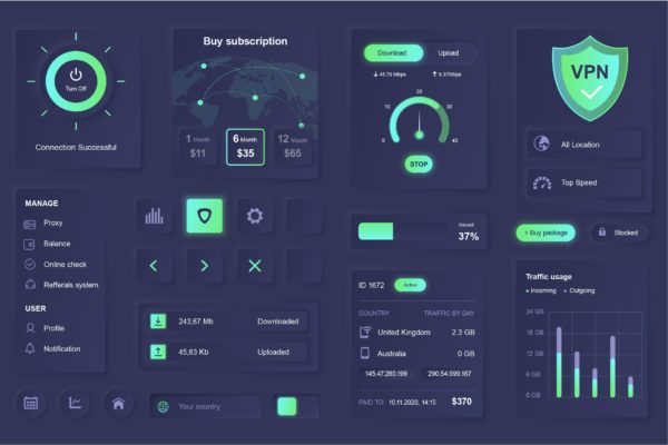 新拟物化风格VPN网络App设计元素移动应用程序UI套件 Neumorphic VPN Service Elements Mobile App UI Kit