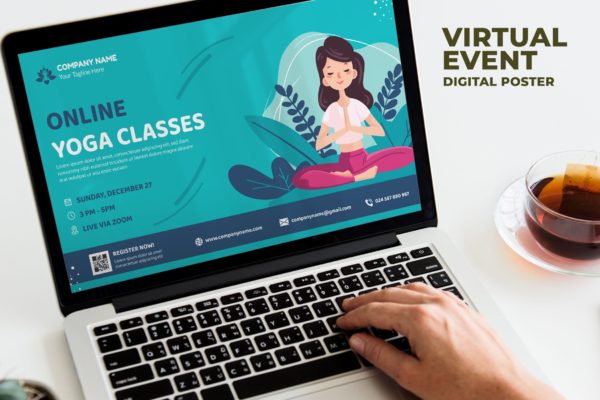 瑜伽在线课程/在线培训活动数字海报传单设计模板 Yoga Online Class / Online Training Event Digital
