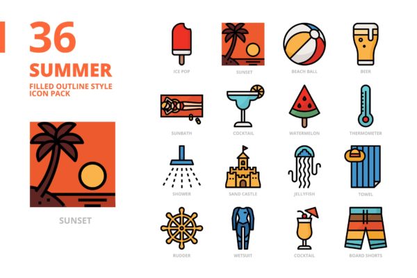 夏天主题填充轮廓样式图标集 Summer Filled Outline Style Icon Set
