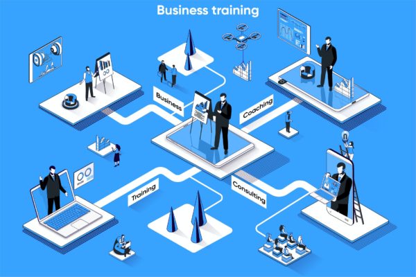 业务培训3D等距场景Web插画矢量素材 Business Training 3D Isometric Web Banner