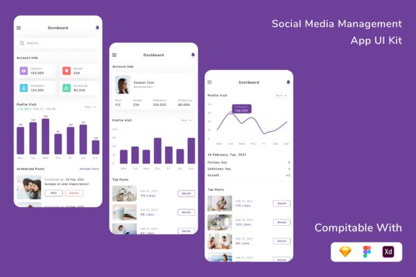 社交媒体管理App应用程序UI套件 Social Media Management App UI Kit