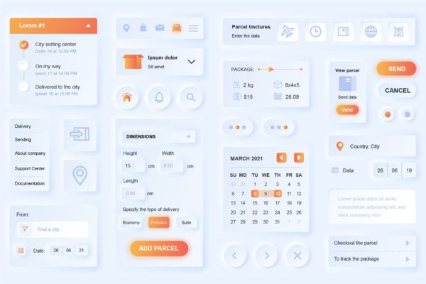 新拟物化风格送货App设计元素移动应用程序UI套件 Neumorphic Delivery Elements Mobile App UI Kit